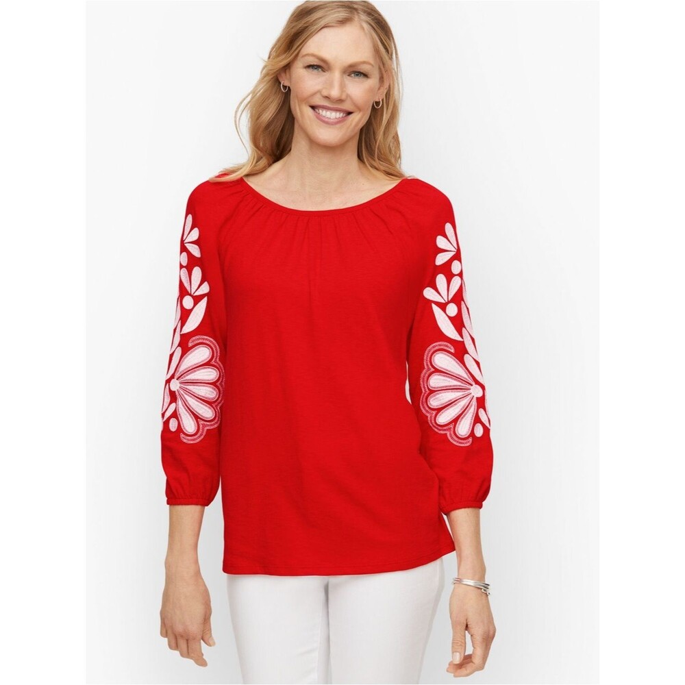 Talbots Women Boho Red Balloon-Sleeve Top White Floral Embroidery 3X Spring